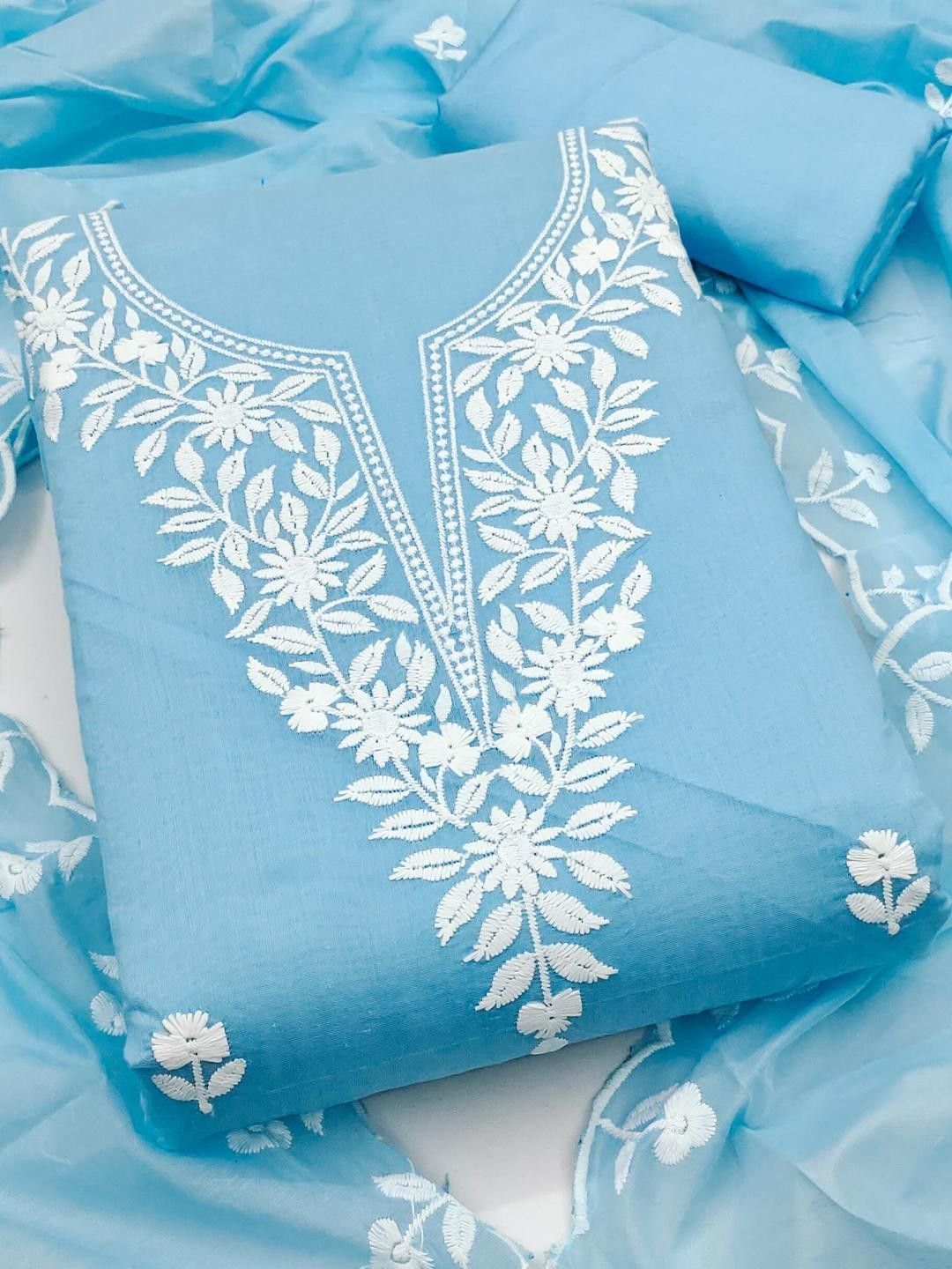 Kalini Women Sky Blue Chanderi Cotton Weaving Unstitched Dress Material with Dupatta