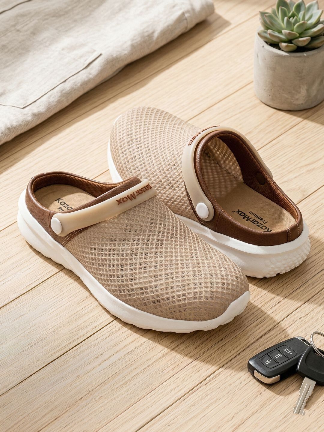 KazarMax Men Beige Mesh Comfort Fit Lightweight Clogs Sandal with Backstrap