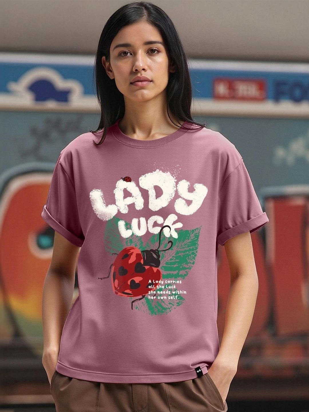 Bewakoof Women Mauve Lady Luck Graphic Printed Boyfriend T-shirt