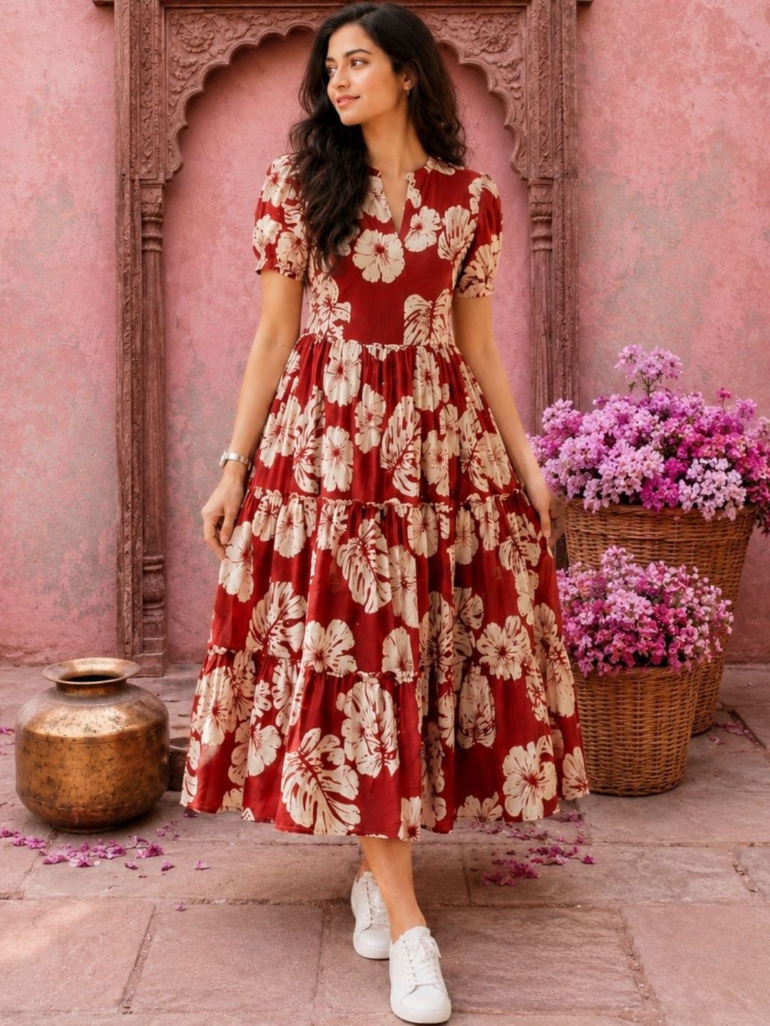 NAVYAAZRI Floral Print Puff Sleeve A-Line Midi Dress