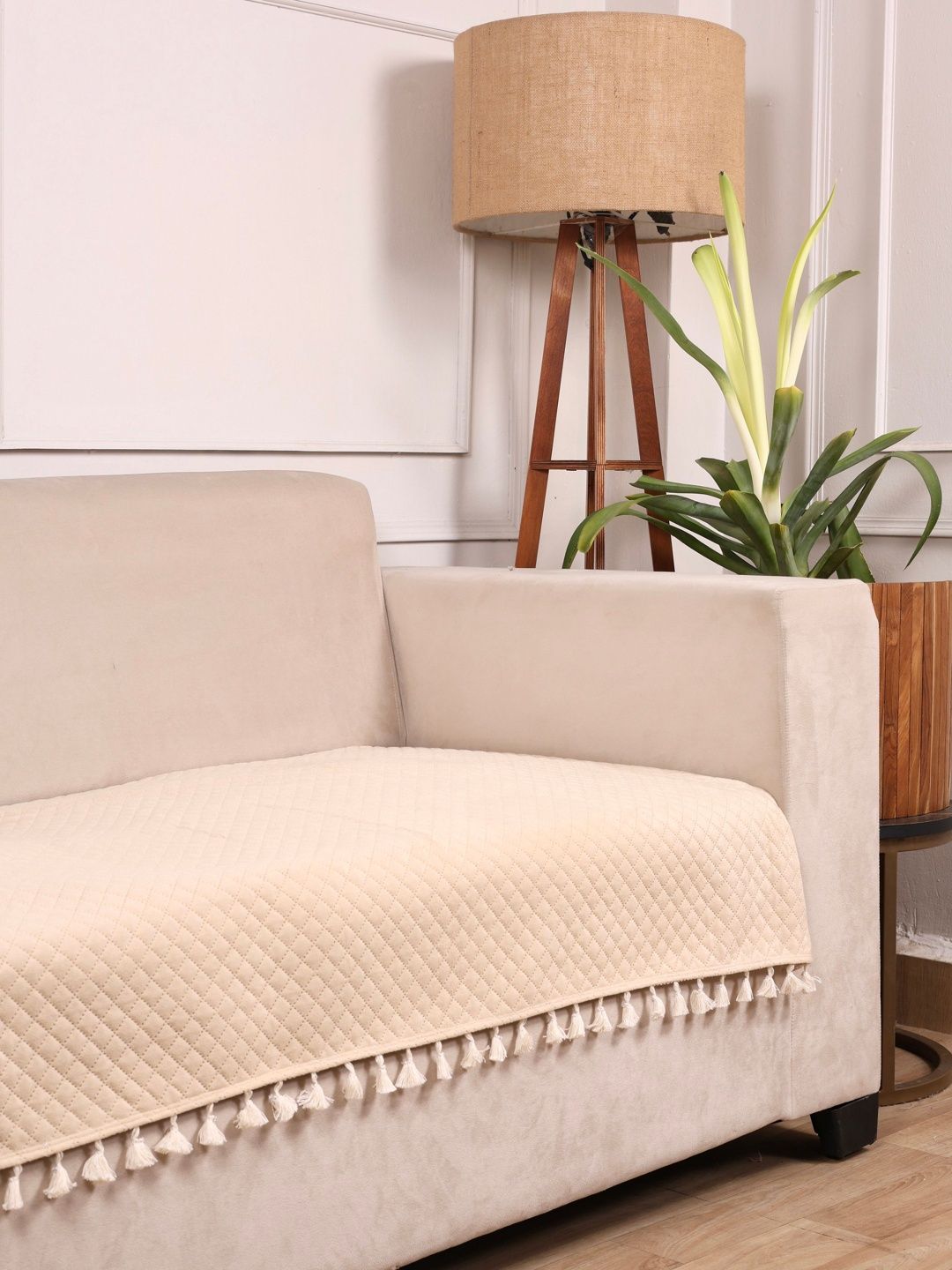 STITCHNEST STITCHNEST Beige Geometric Faux Suede Fade Resistant Straight 3 Seater Sofa Cover-