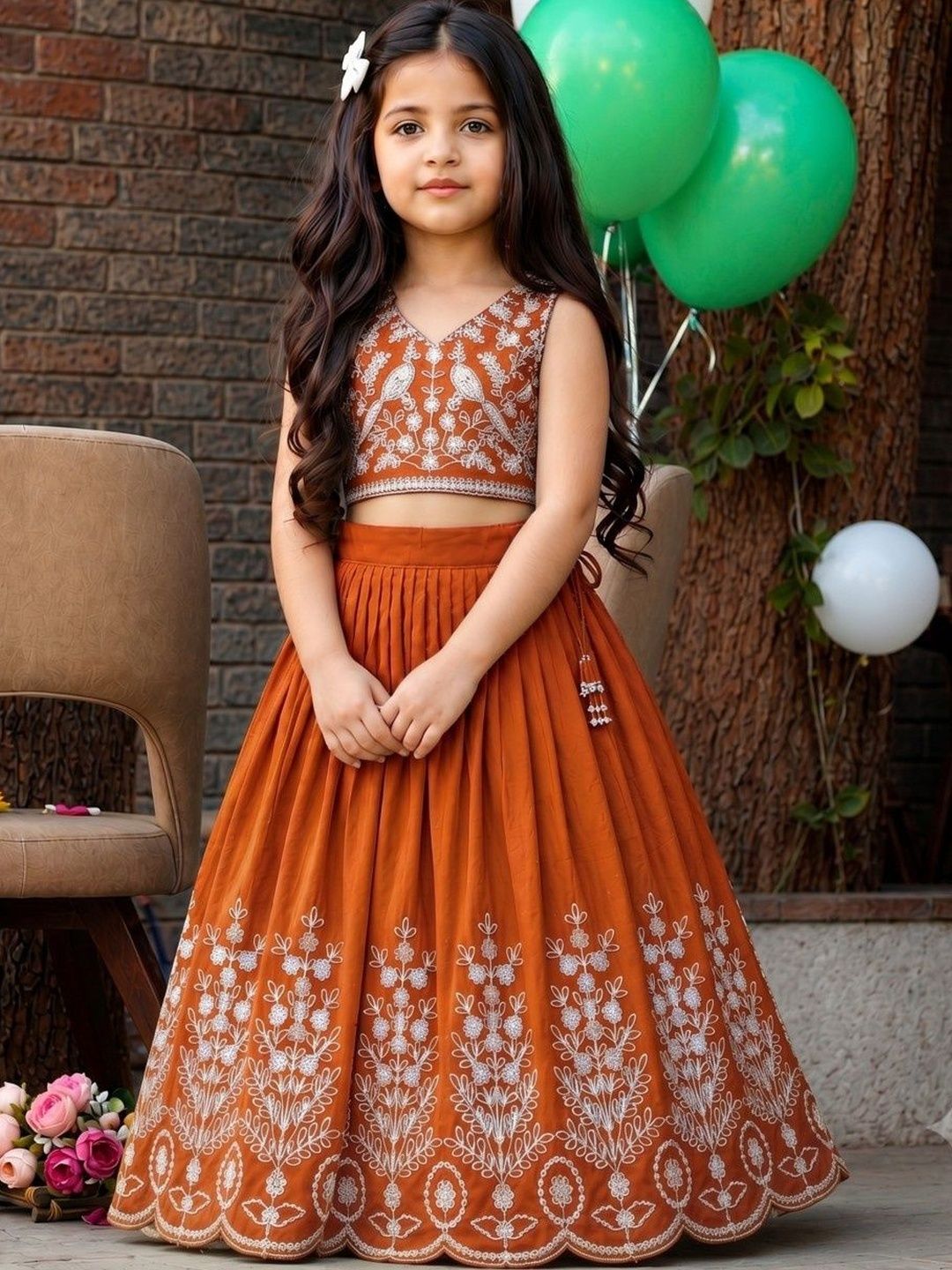 Sangria Girls Embroidered Thread Work Ready to Wear Lehenga & Blouse With Dupatta