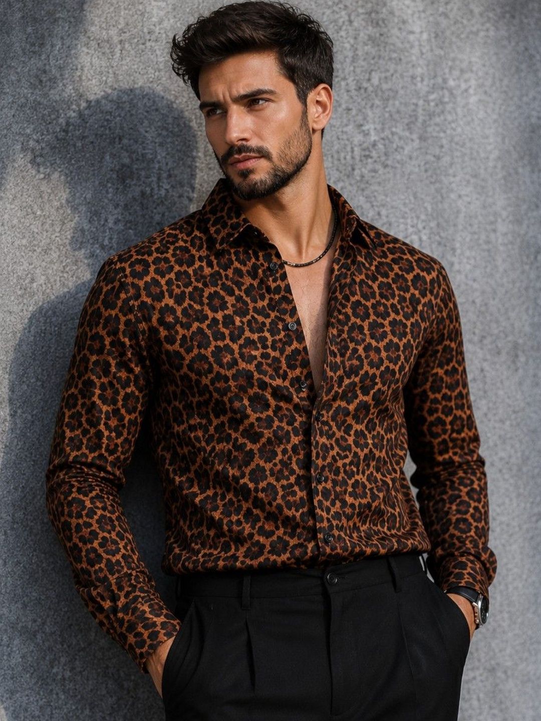 Foomer Foomer Leopard Brown Printed Men's Shirts