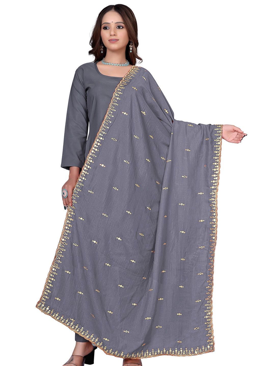 KALINI KALINI Ethnic Motifs Embroidered Art Silk Dupatta with Mirror Work
