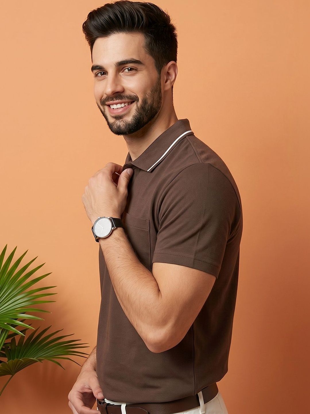 HERE&NOW Men Polo Collar Pockets T-shirt