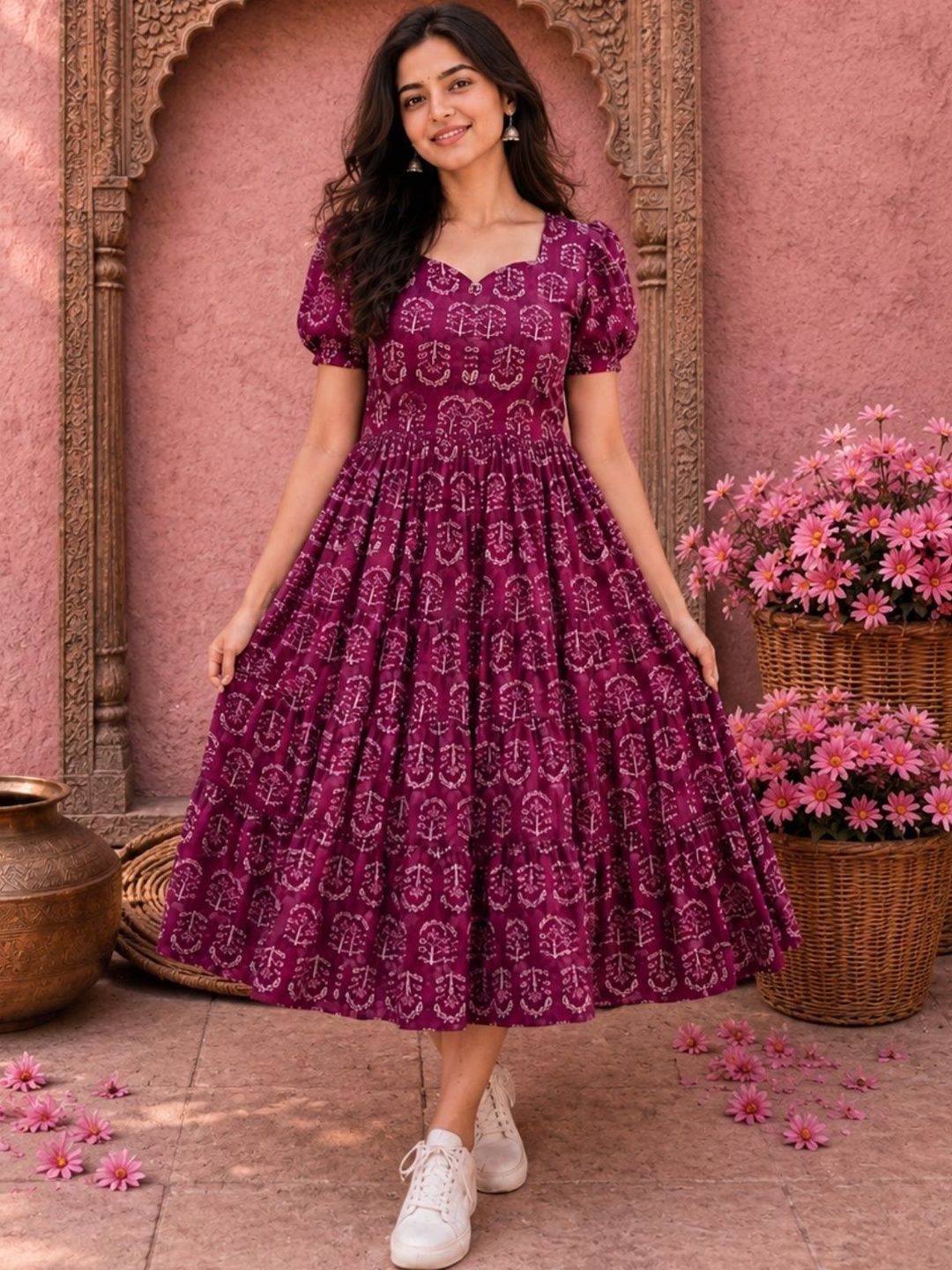 NAVYAAZRI Ethnic Motifs Print Puff Sleeve A-Line Midi Dress