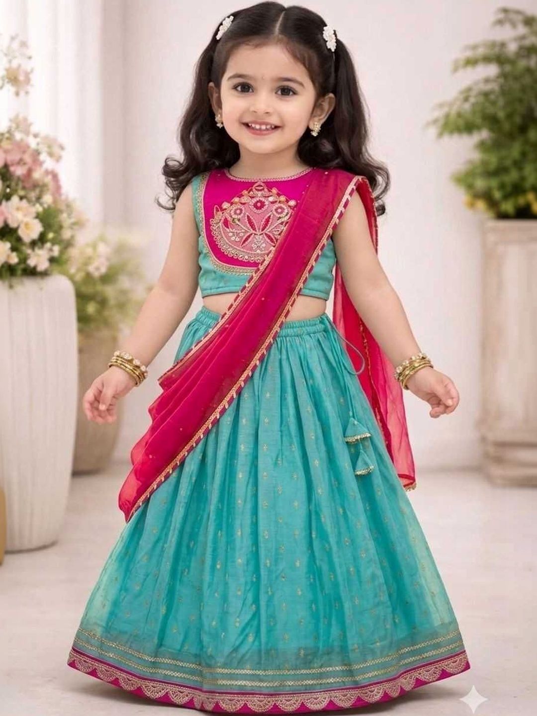 KALINI Girls Embroidered Thread Work Ready to Wear Lehenga & Blouse With Dupatta
