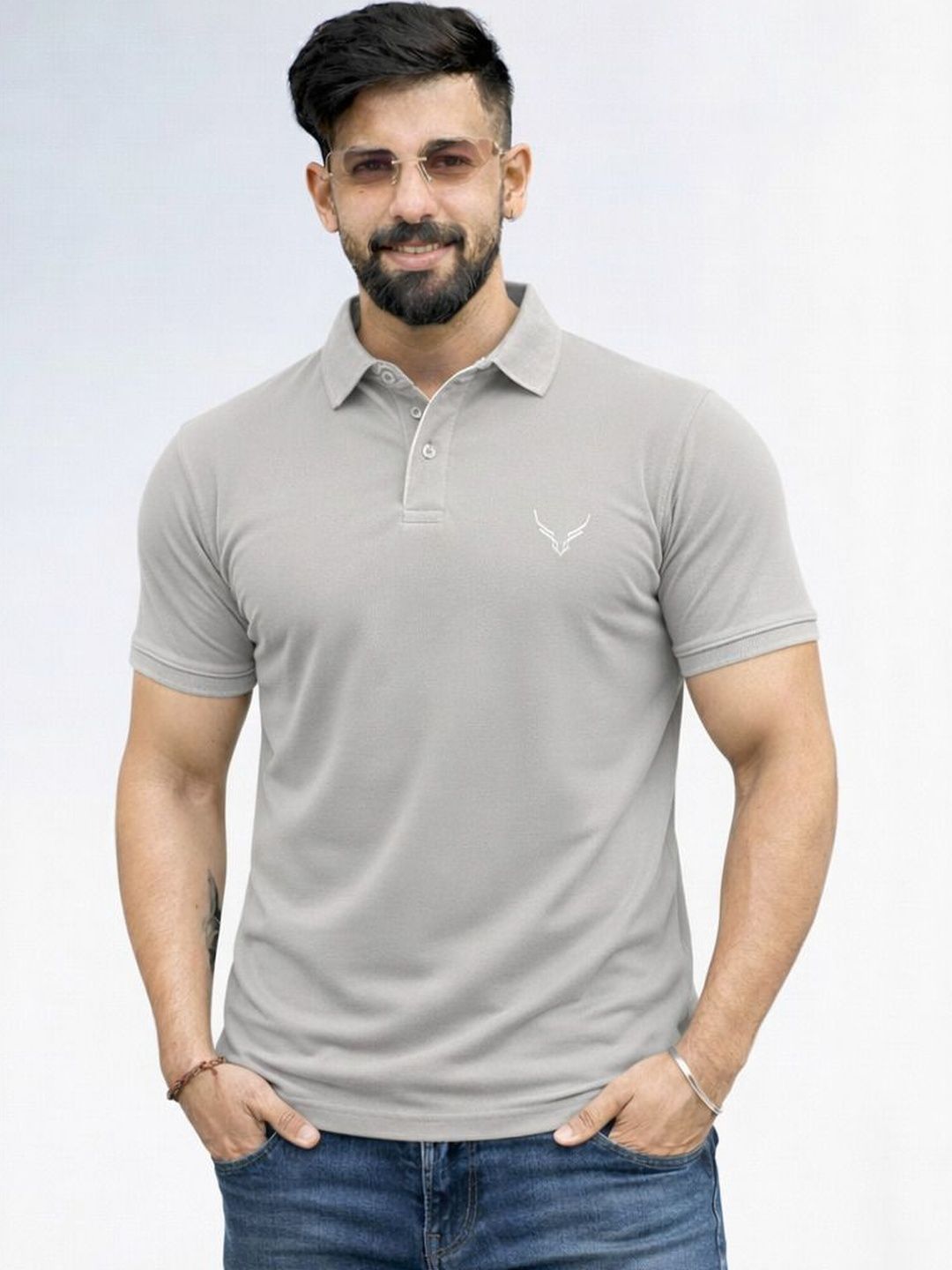 HANABY Grey Melange Polo Collar T-shirt