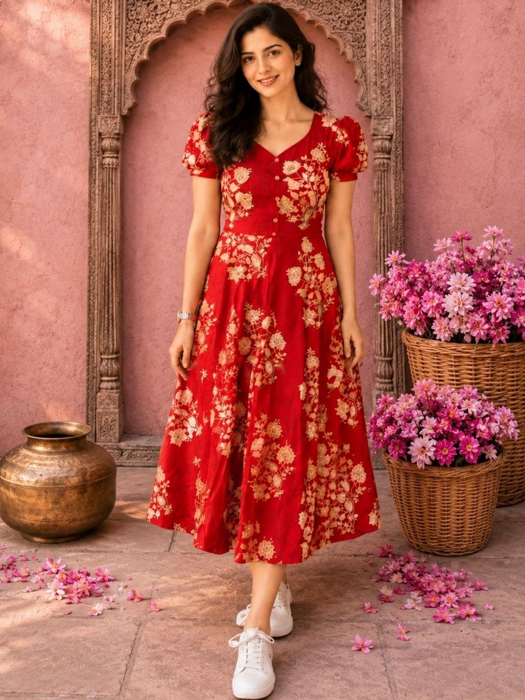 NAVYAAZRI Floral Print Puff Sleeve A-Line Midi Dress