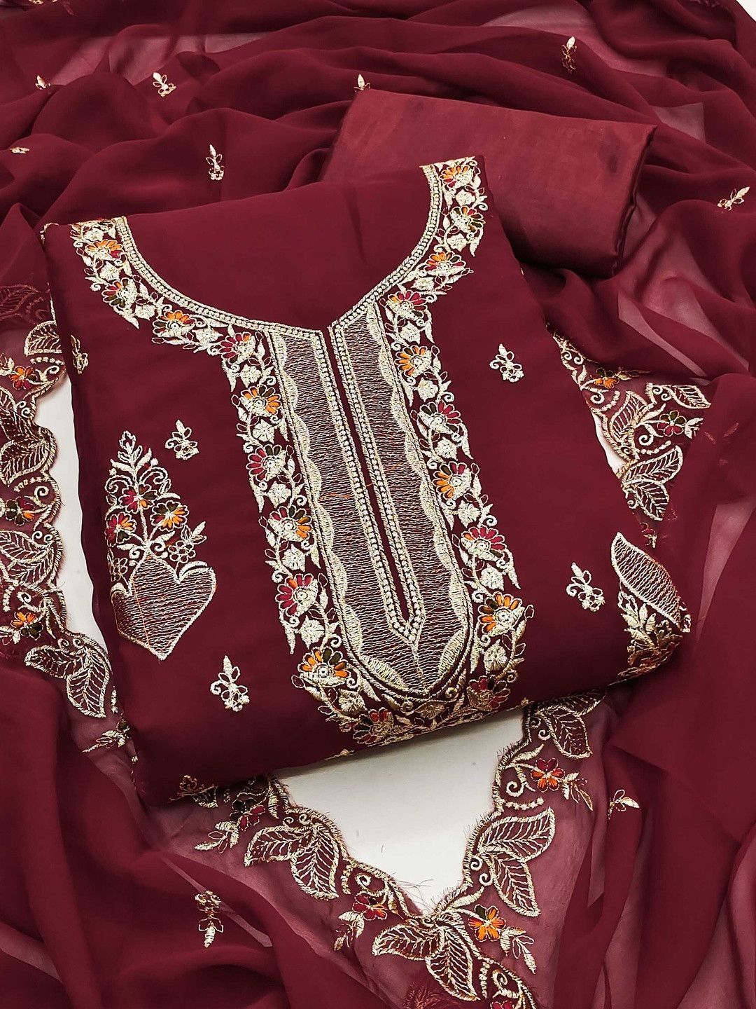 KALINI Women Maroon Embroidered Unstitched Dress Material