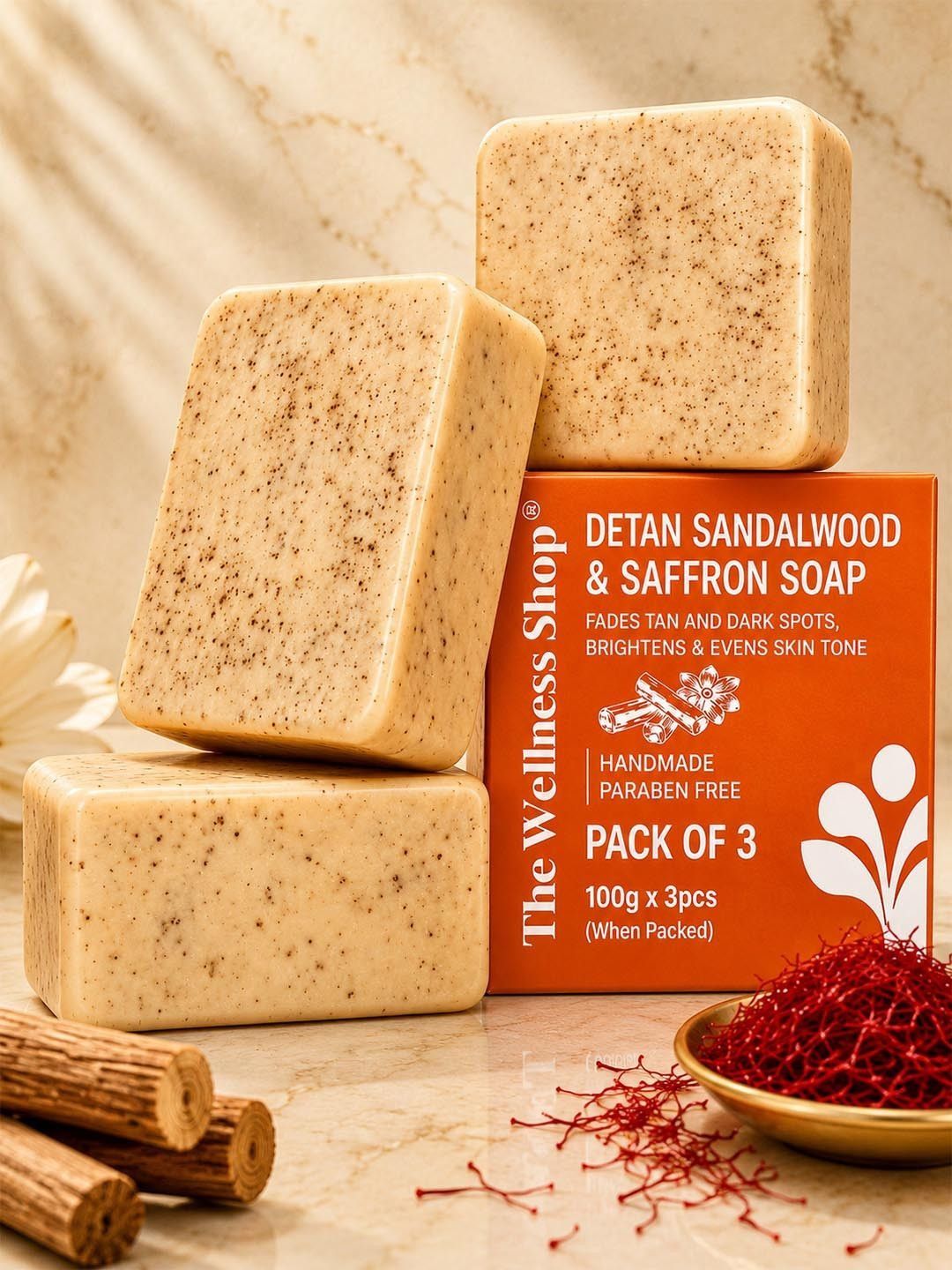 The Wellness Shop Pack of 3 Tan Removal Detan Soap with Sandalwood Saffron 300g