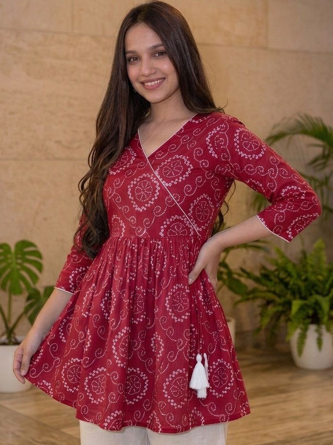 Vastrakaya Bandhani Printed V-Neck Pure Cotton Blend Angrakha Kurti