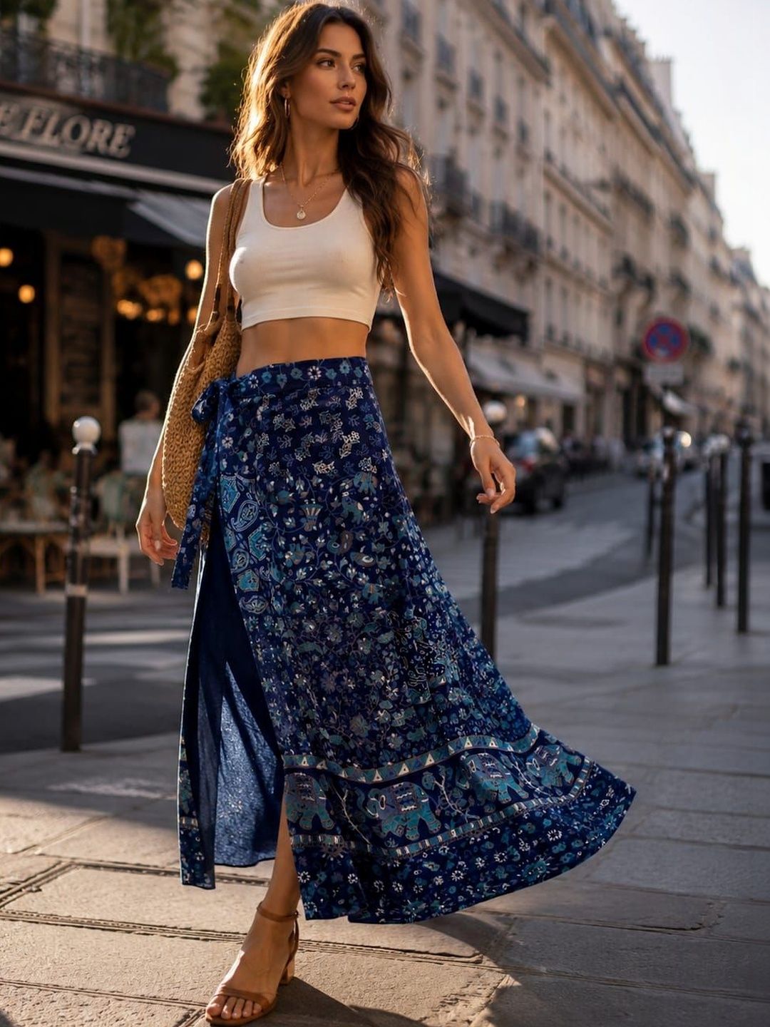 FrionKandy FrionKandy Women Cotton Blend Paisley Bohemian Front Slit Maxi Wrap Skirt