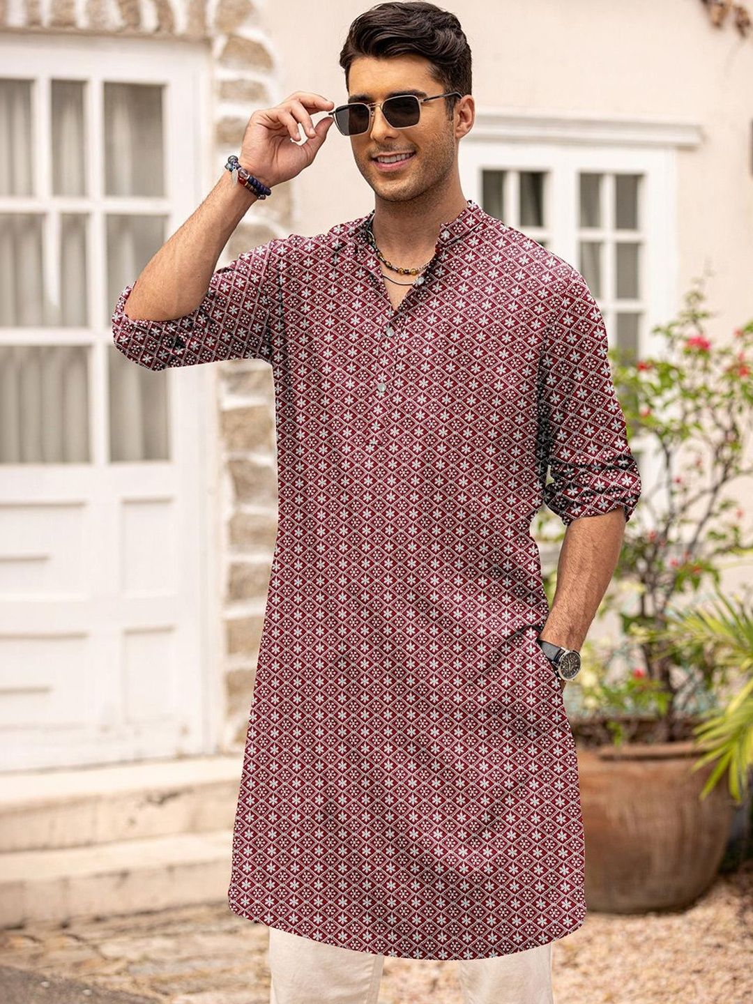 Anouk Men Maroon Cotton Embroidered Straight Kurtas