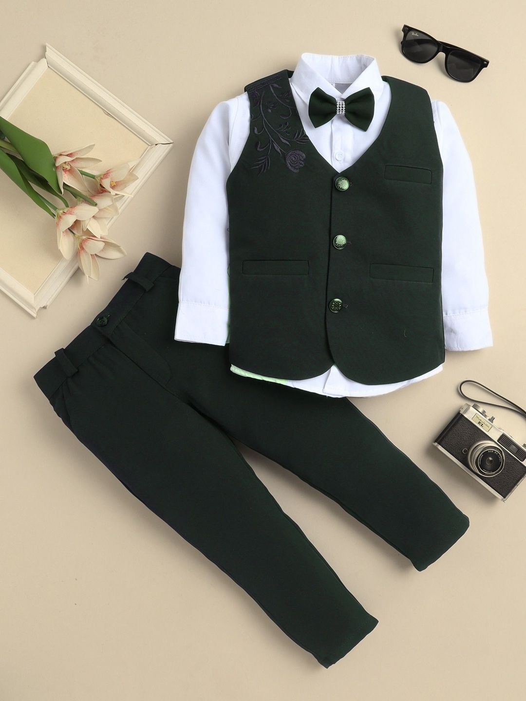 YK YK Boys Embroidered Collarless 3 Piece Waistcoat & Trousers Suits With Bow Tie