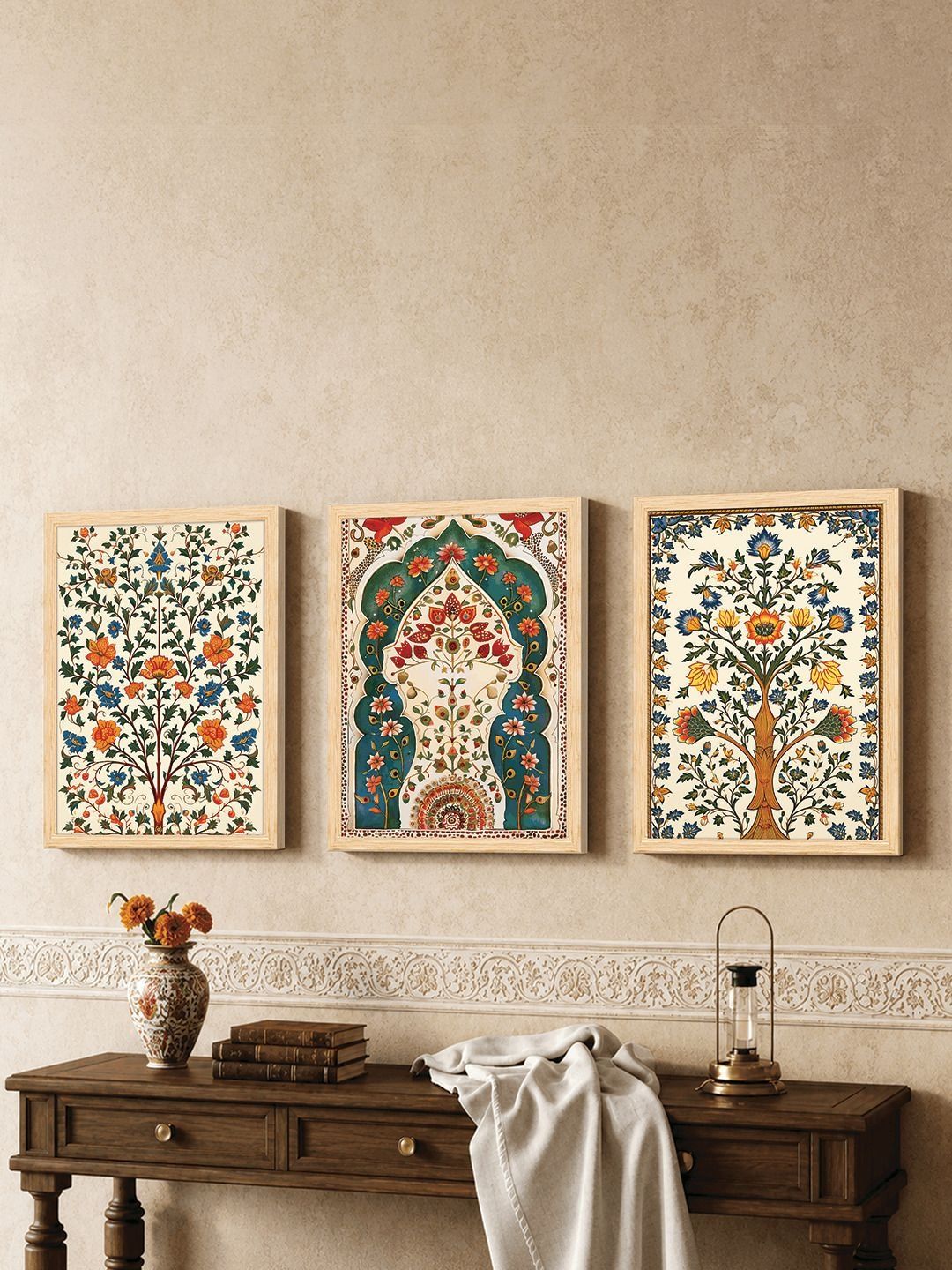 Art Street Art Street Set of 3 Madhubani Floral Framed Wall Art Painting 12.7x17.5 In