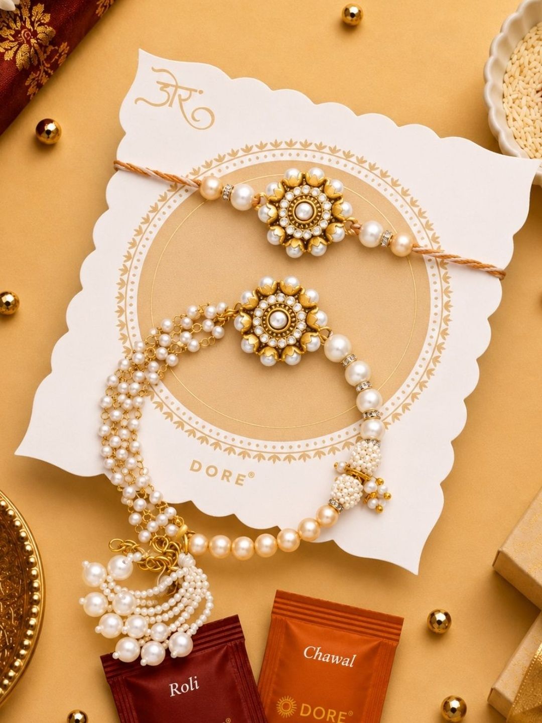 Dore Bhaiya Bhabhi Floral Pearl Rakhi & Lumba Set & Roli Chawal