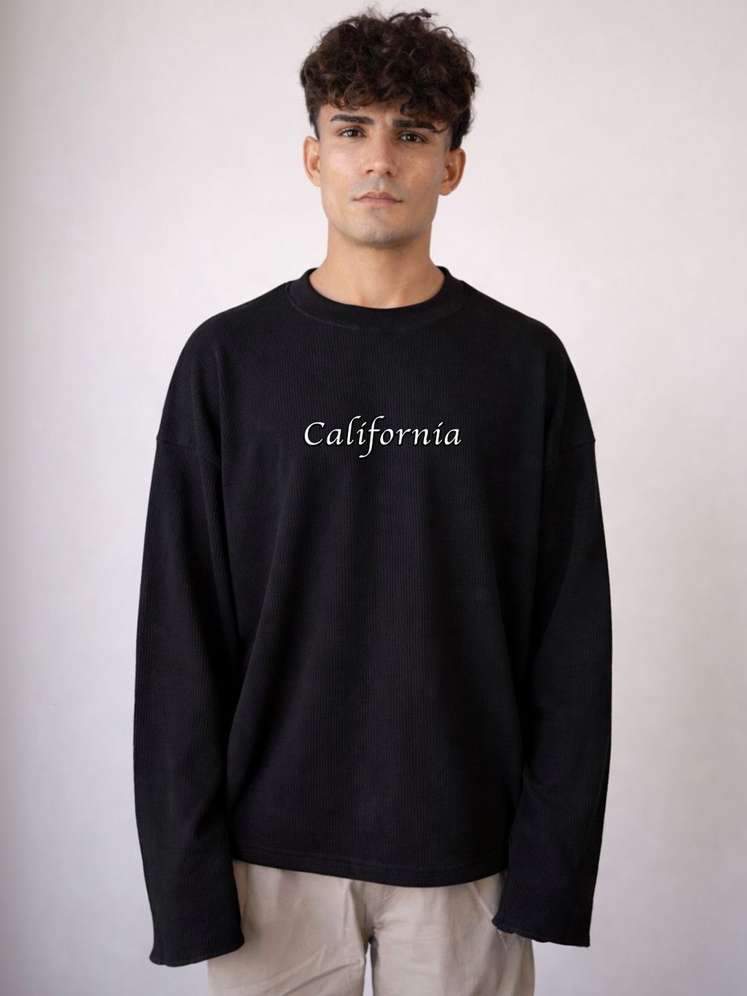 BDSQUARE Typography Self Design Drop-Shoulder Sleeves Pure Cotton Oversized T-shirt