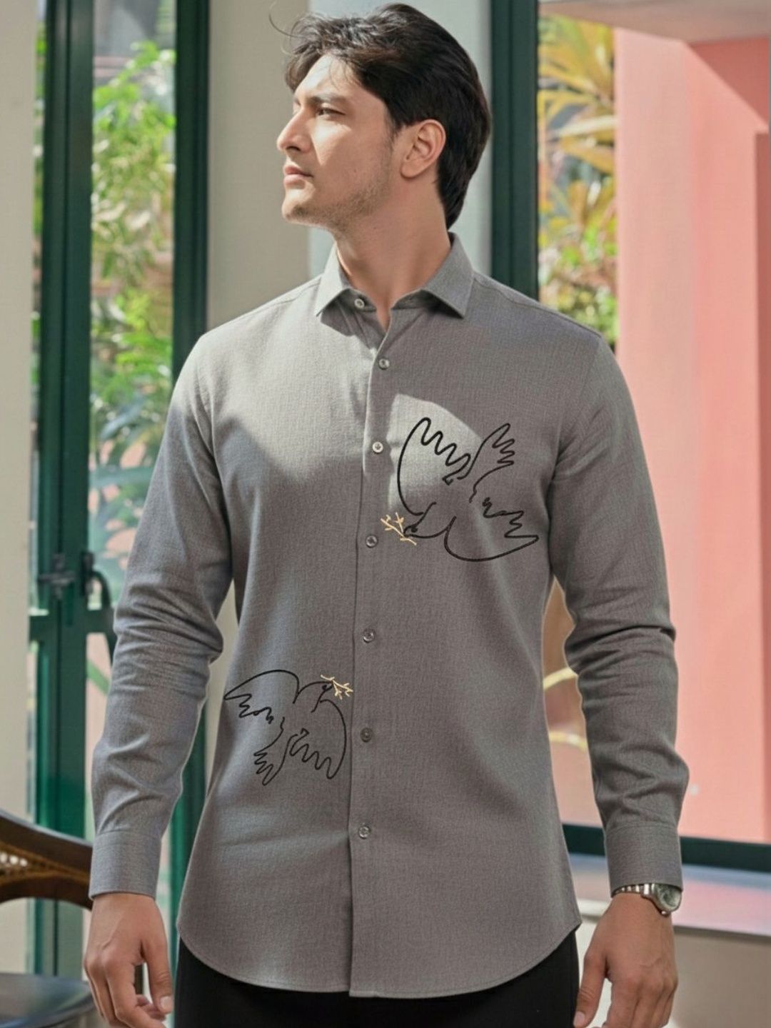 HERE&NOW Classic Printed Spread Collar Regular Fit Casual Shirt