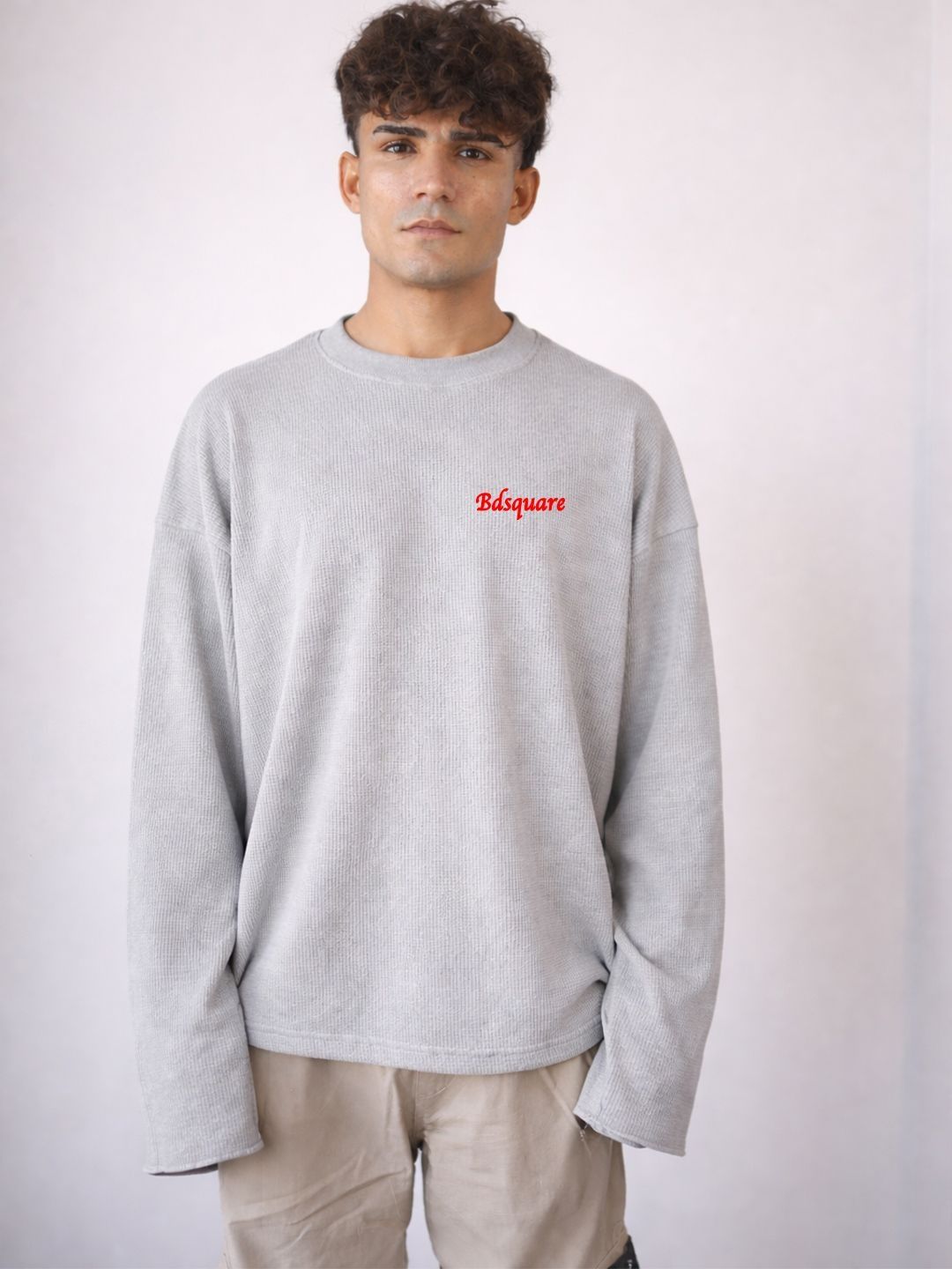 BDSQUARE Typography Self Design Drop-Shoulder Sleeves Pure Cotton Oversized T-shirt