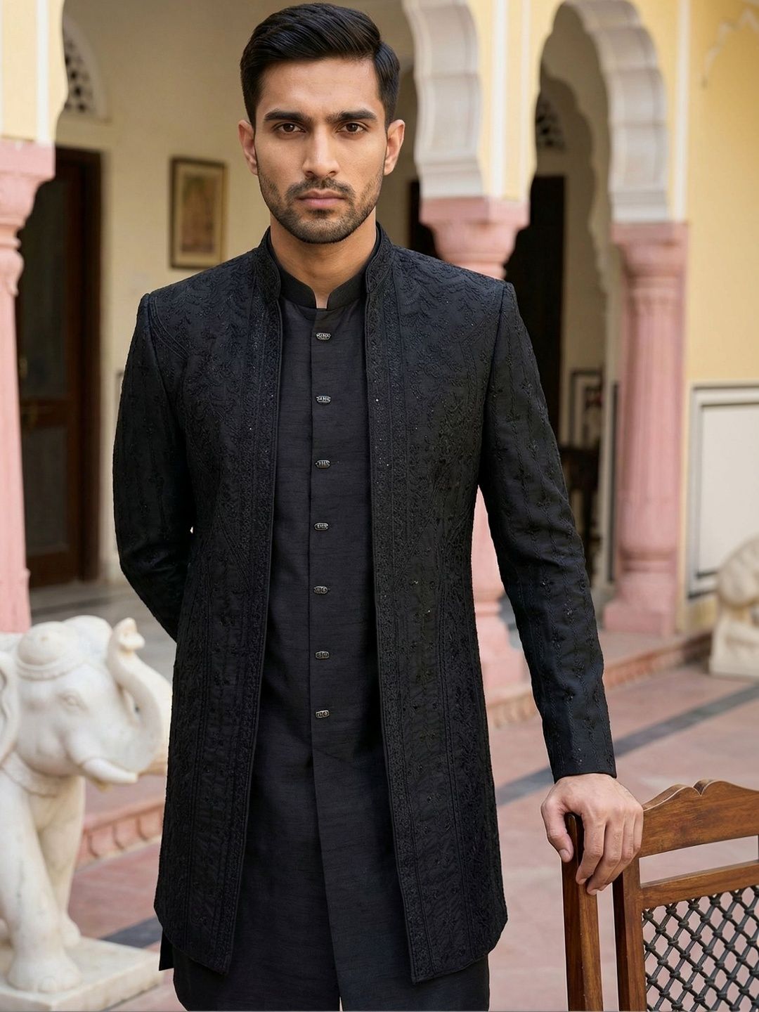 Jompers Embroidered Silk Cotton Mandarin Collar Indo-Western Set