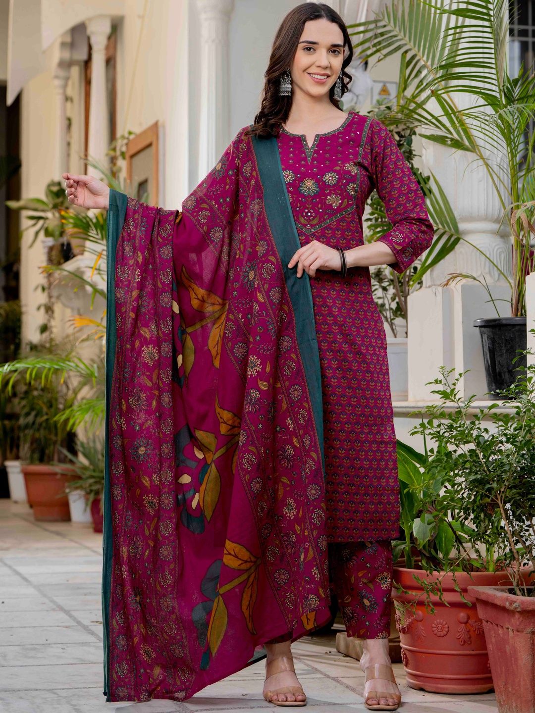 Pistaa Pistaa Women Ethnic Motifs Printed Regular Sequinned Pure Cotton Kurta with Trousers & With Dupatta