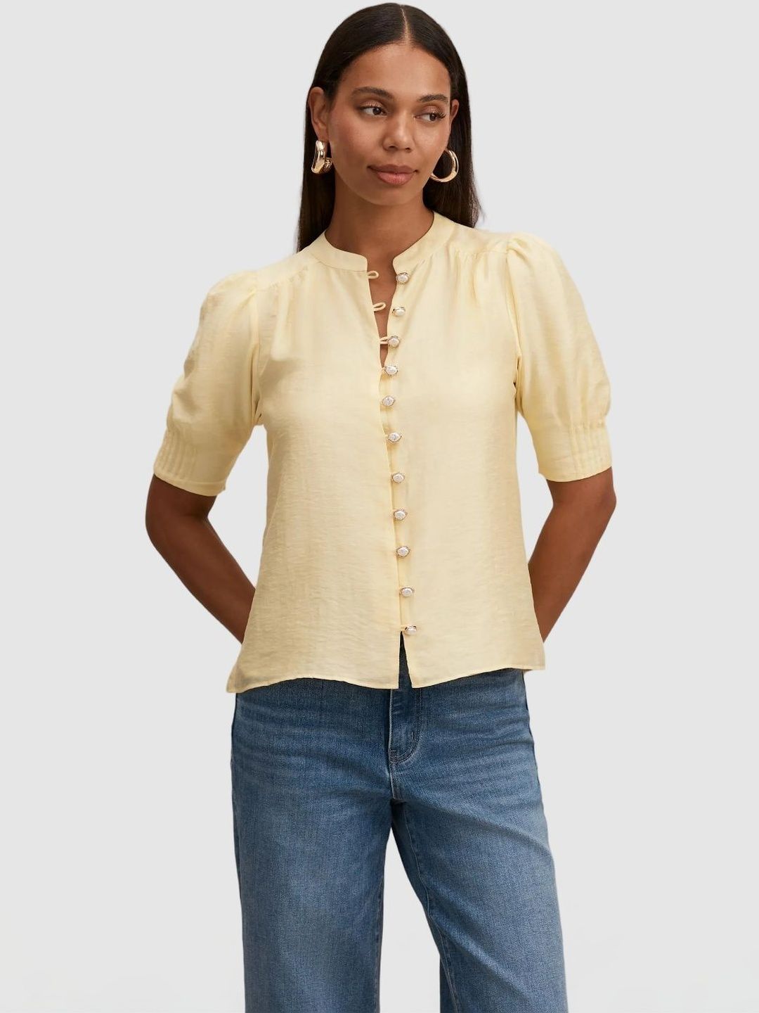 Mandarin Collar Puff Sleeve Top
