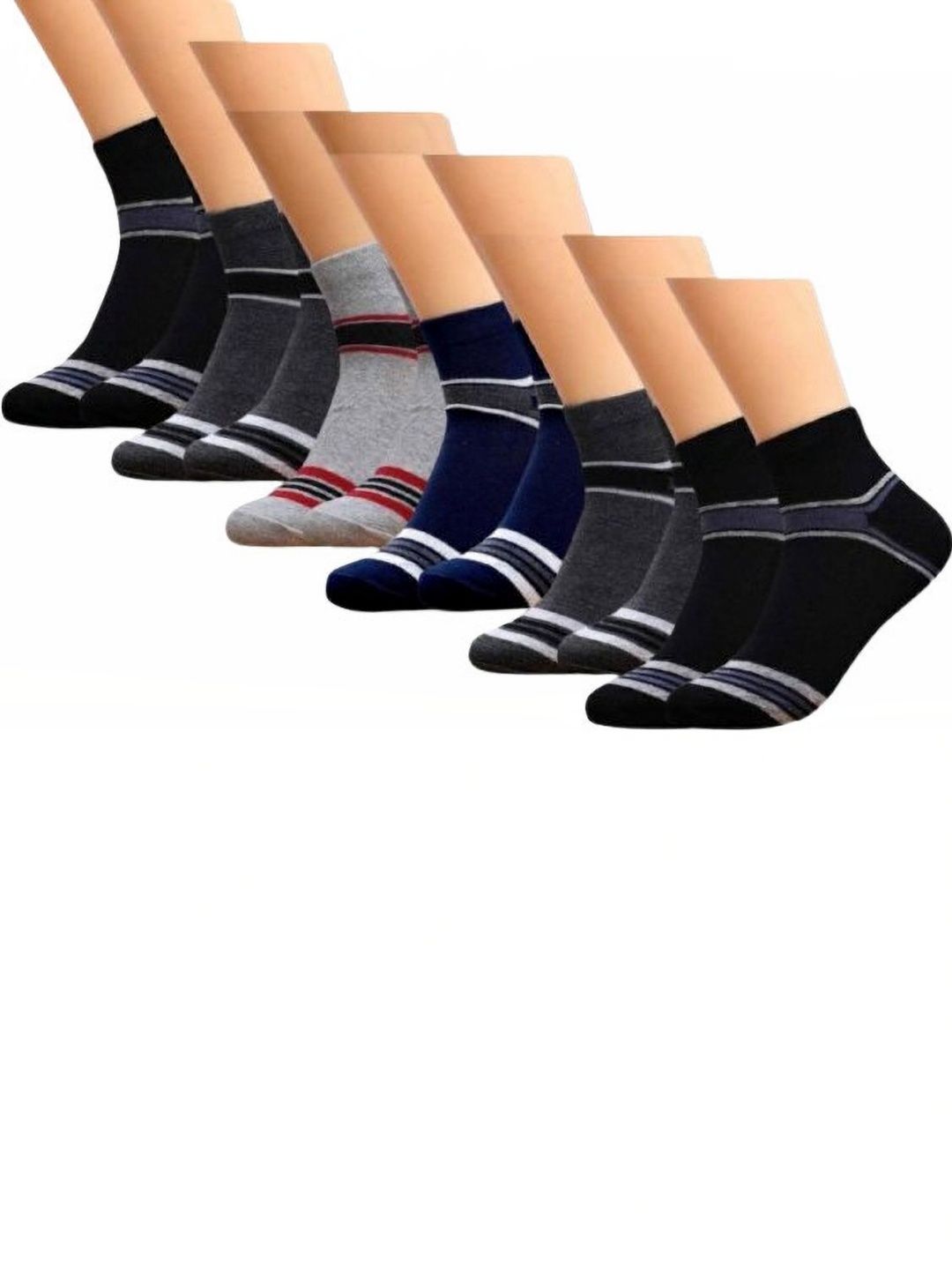 VAPINDIA Men Pack of 6 Cotton Striped Ankle Length Socks