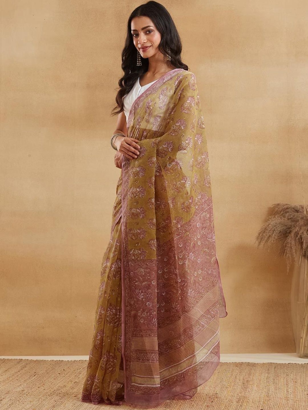 Fabindia Fabindia Women Mustard Floral Print Sarees