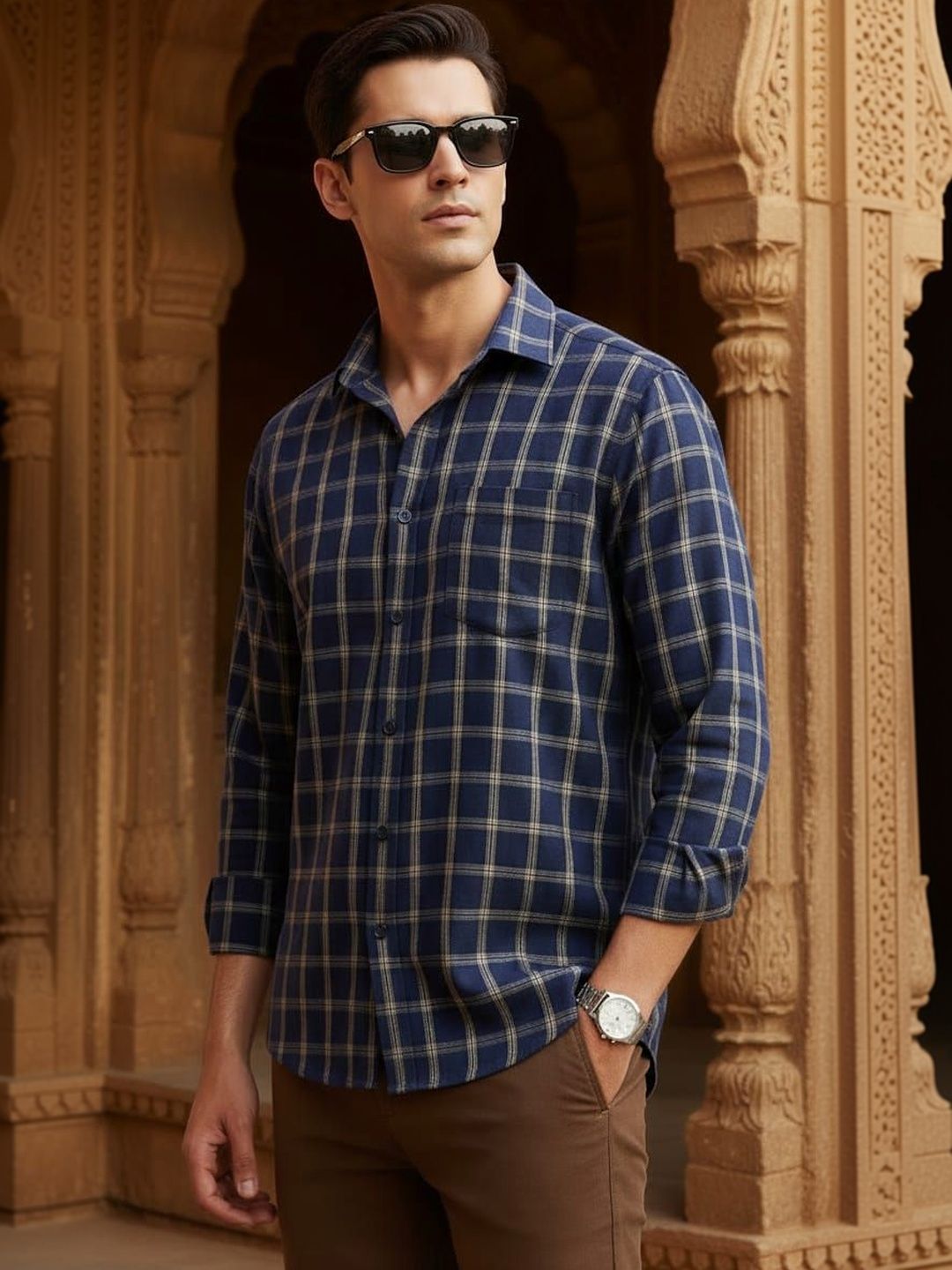 RARE CAMEL Men Slim Fit Windowpane Checks Checked Formal Shirt