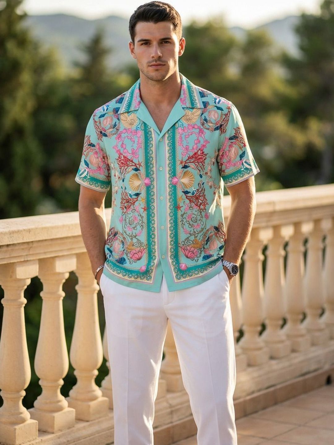 Stenfia Men Tropical Printed Collar Shirts