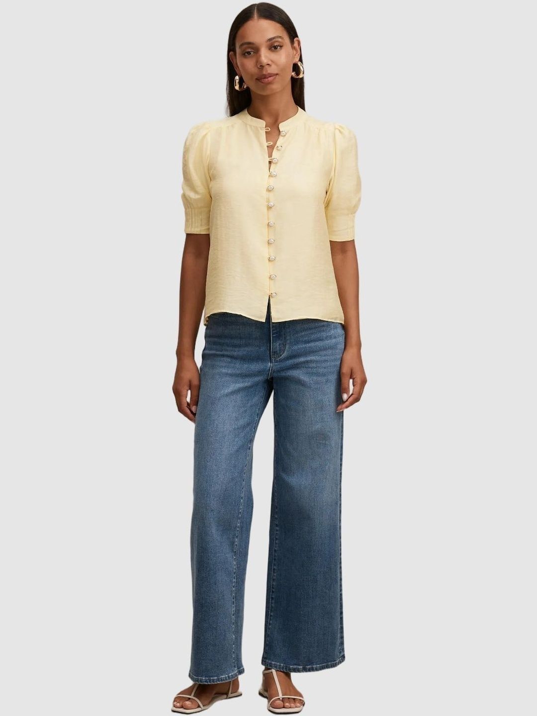 Mandarin Collar Puff Sleeve Top