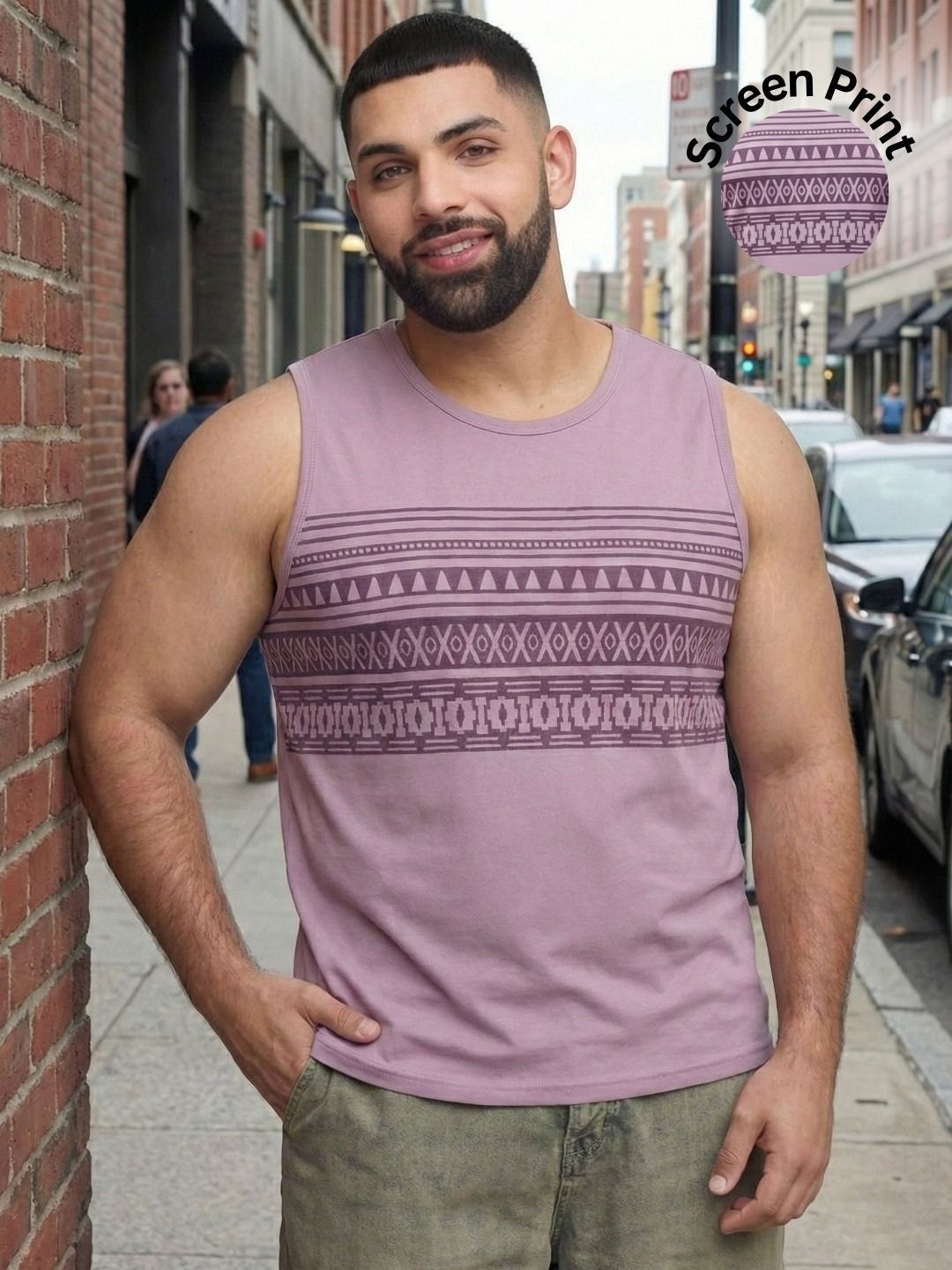 HERE&NOW Light Purple Printed Cotton Sleeveless Round Neck Regular-fit Tshirts