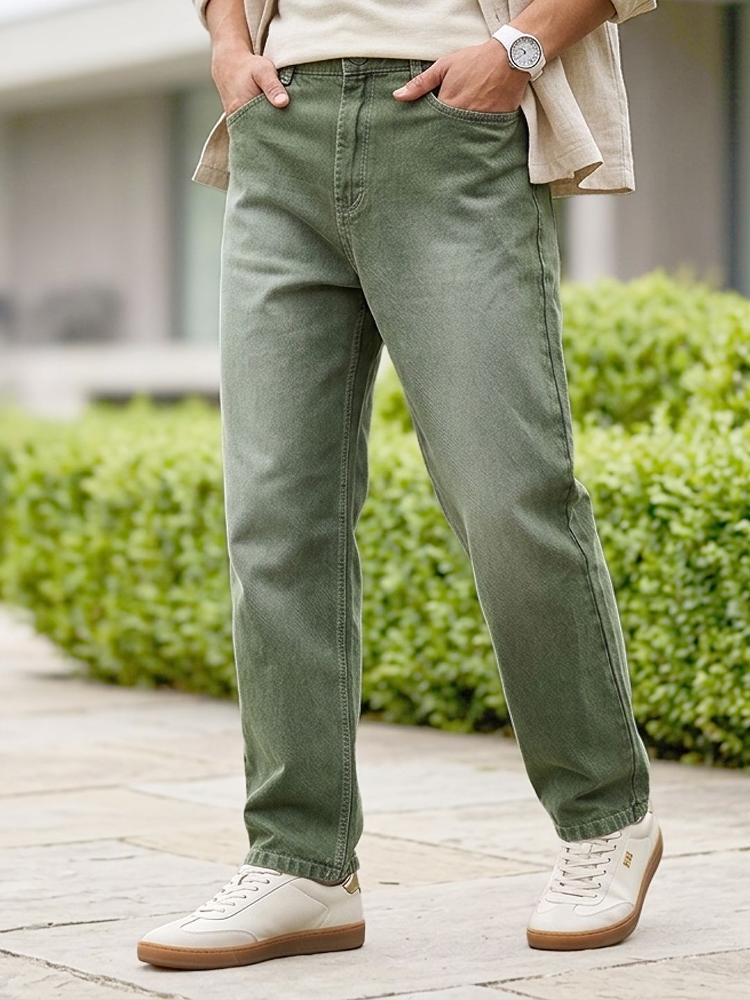 Urbano Fashion Men's Olive Loose Baggy Fit Washed Stretchable Jeans