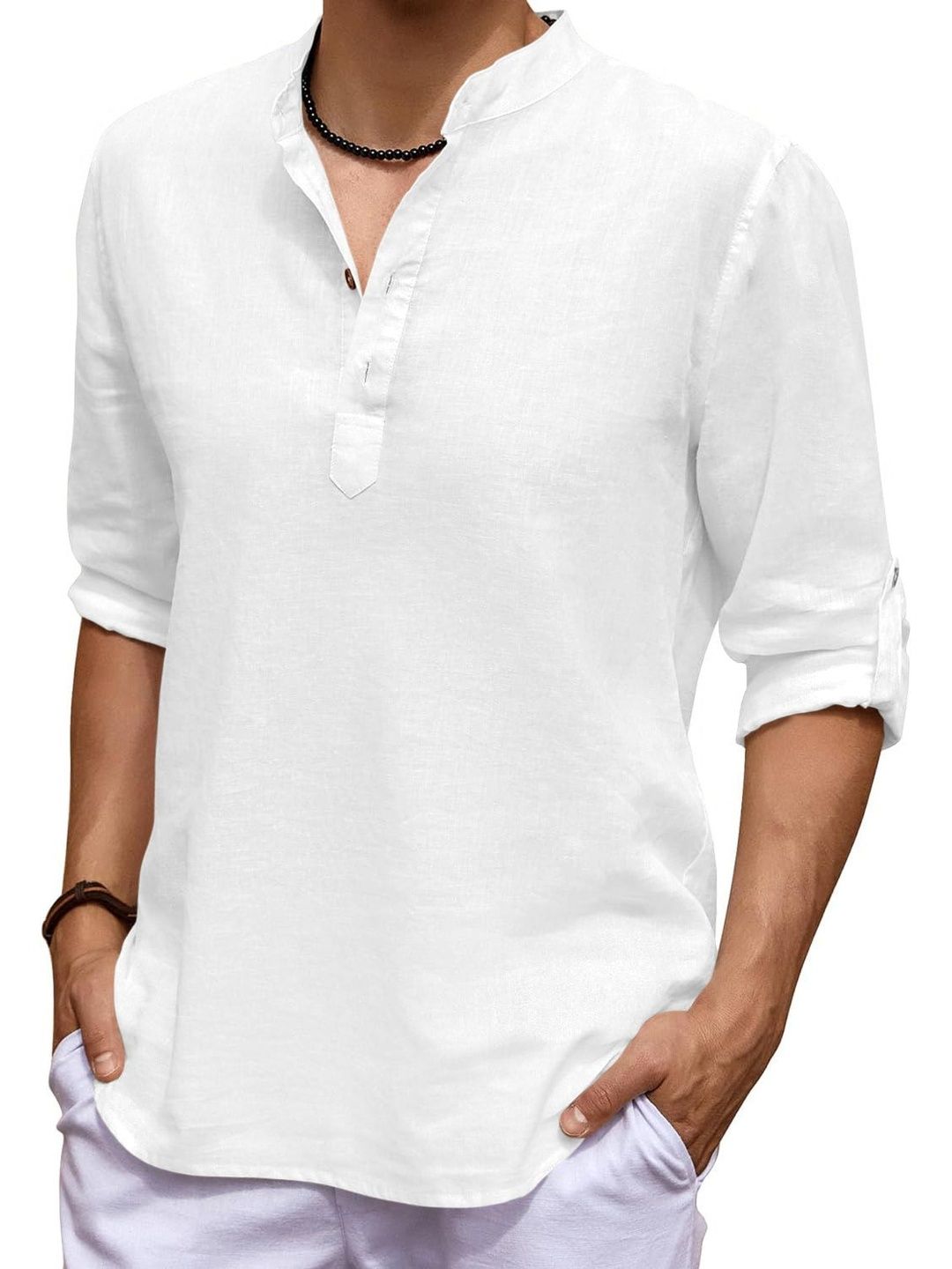 Zombom Men Mandarin Collar Long Sleeves Cotton Short Kurta