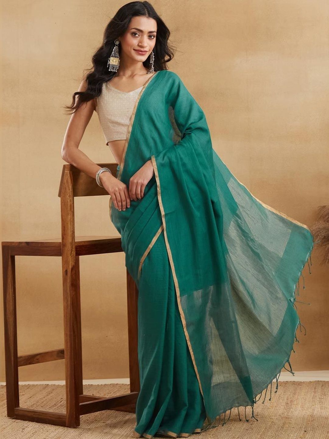Fabindia Fabindia Women Teal Solid Sarees