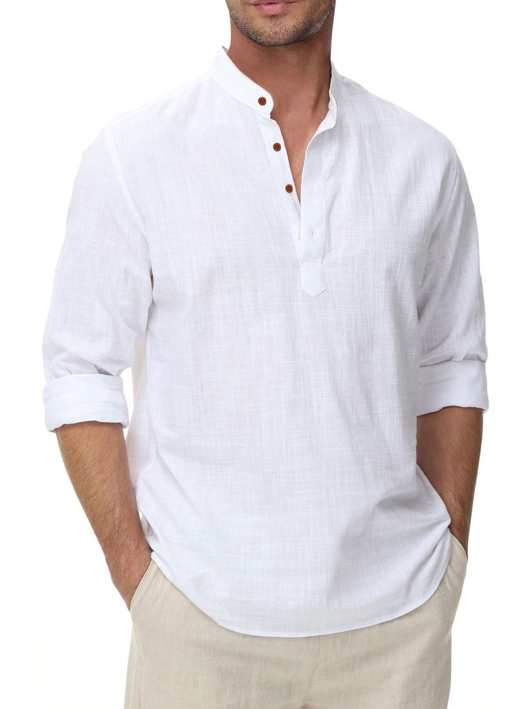 Zombom Mandarin Collar Long Sleeves Cotton Short Kurta