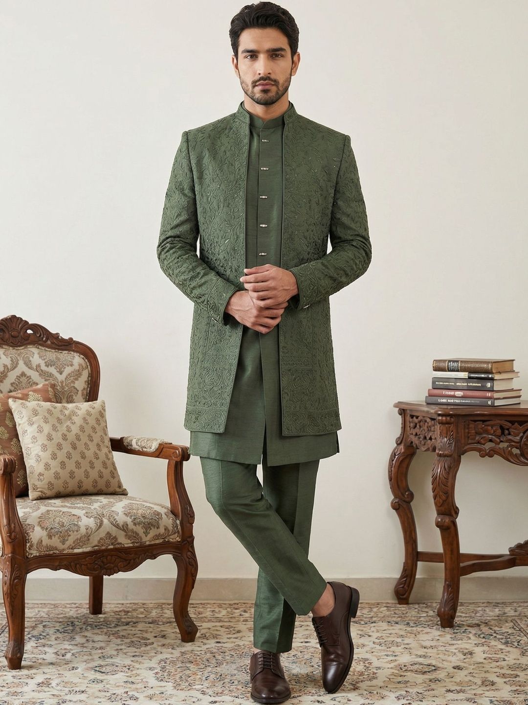 Jompers Embroidered Silk Cotton Mandarin Collar Sherwani Set