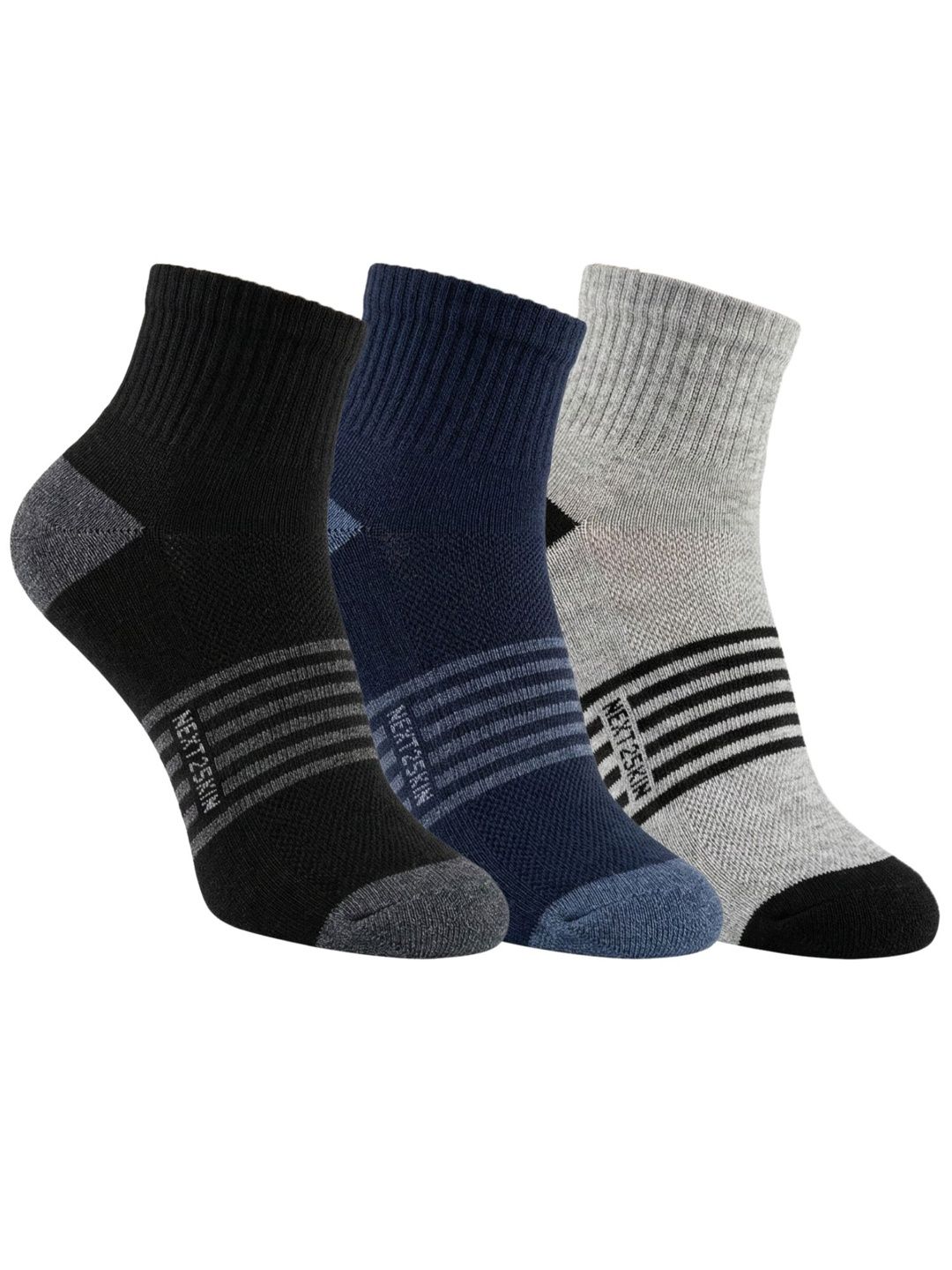 N2S NEXT2SKIN Men Pack of 3 Cotton Assorted Striped Ankle Length Socks
