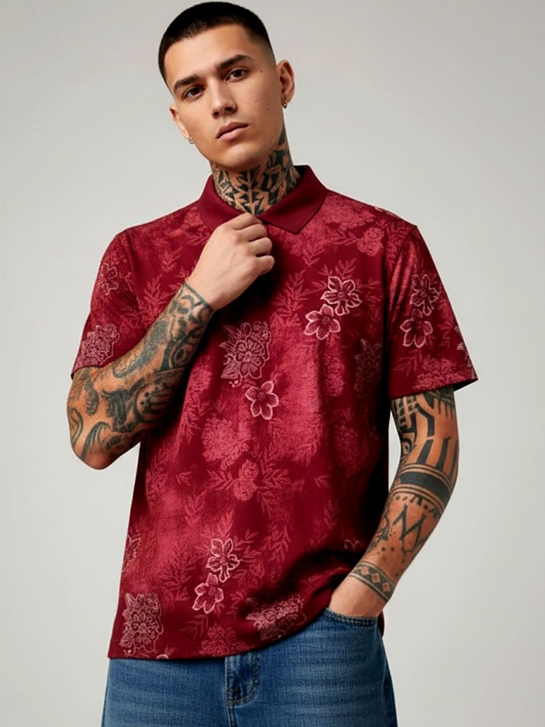 glitchez Men Floral Printed Polo Collar Tropical T-shirt