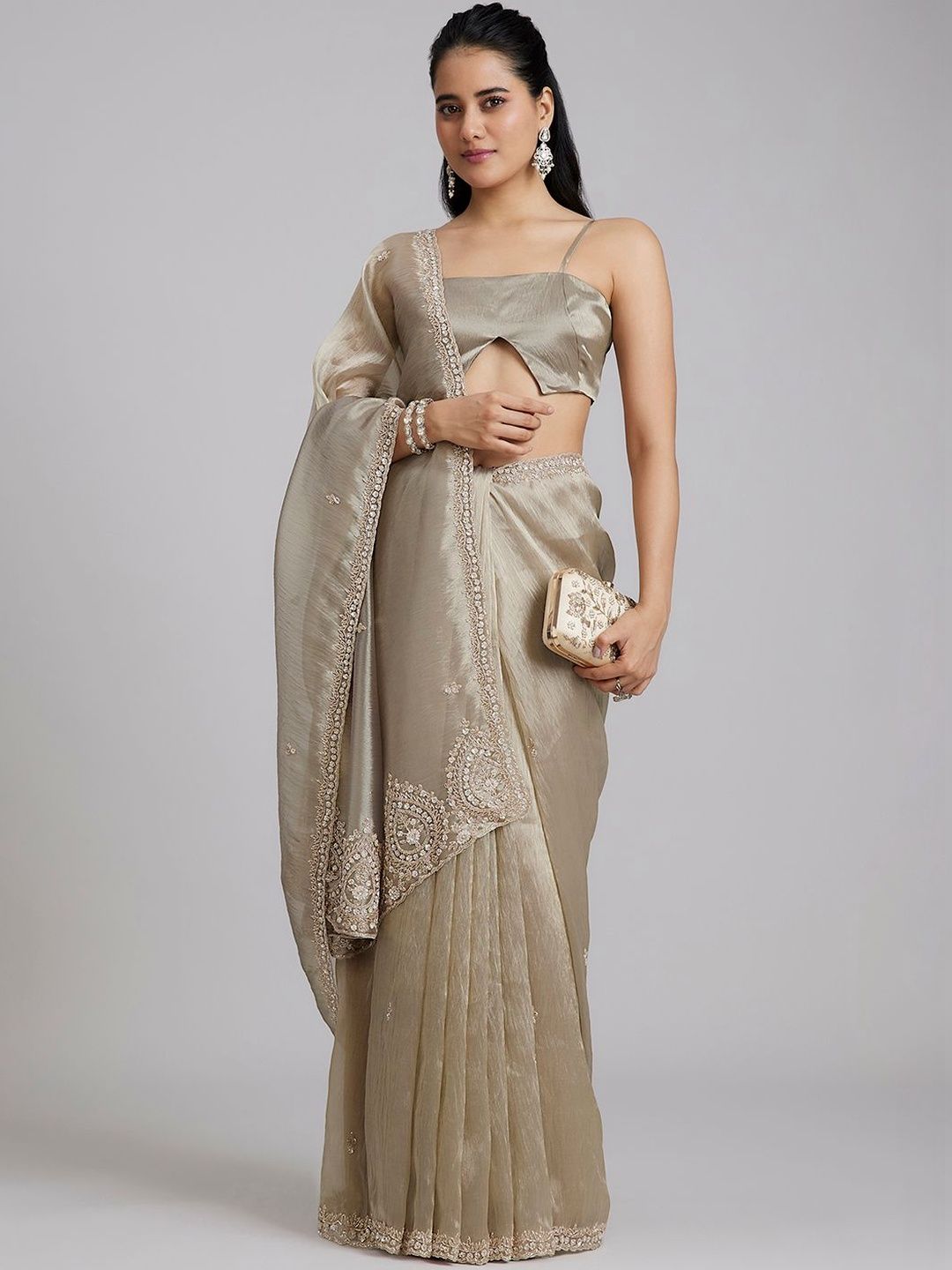 KALKI Fashion KALKI Fashion Metallic Grey Tissue Silk Minimal Butti Work Heavy Pallu End Border Sarees