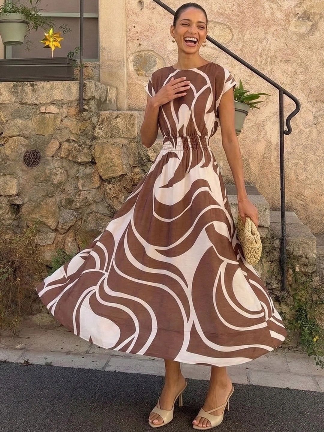 Forever New Forever New Printed Round Neck A-Line Midi Dress