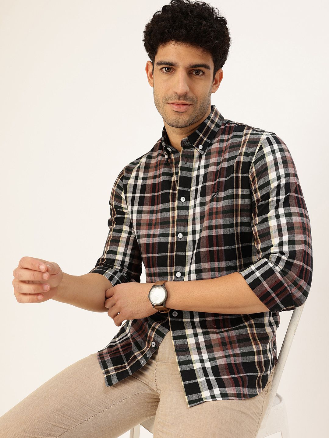 Nautica Men Slim Fit Tartan Checks Casual Shirt