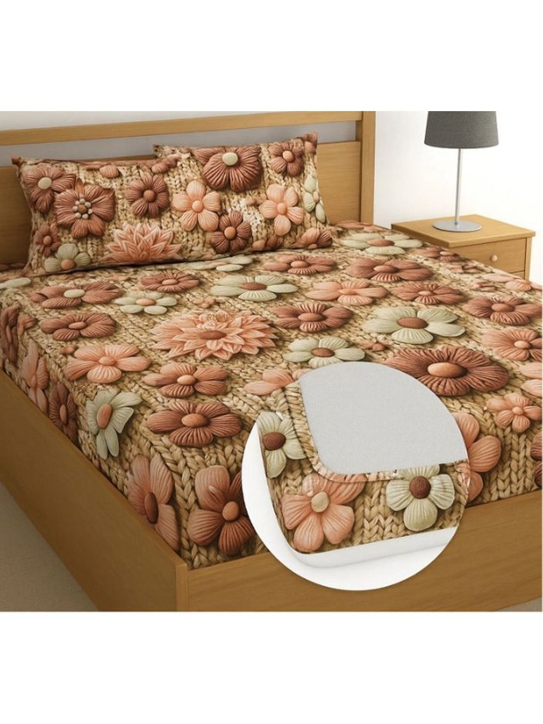 DECENT HOME Brown Floral King Bedsheet with 2 Pillow Covers