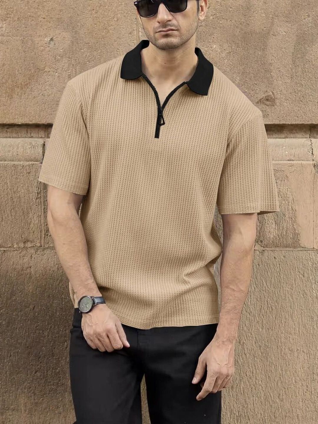 Starvy Men Polo Neck Half Sleeve Cotton Blend Beige Regular Tshirts
