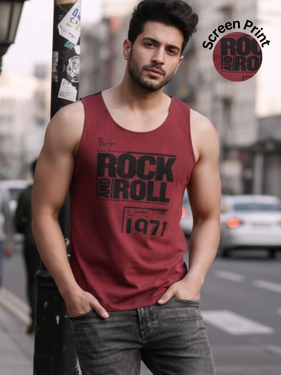 HERE&NOW Placement Print Maroon Black Curved Bottom Sleeveless Cotton T-Shirt