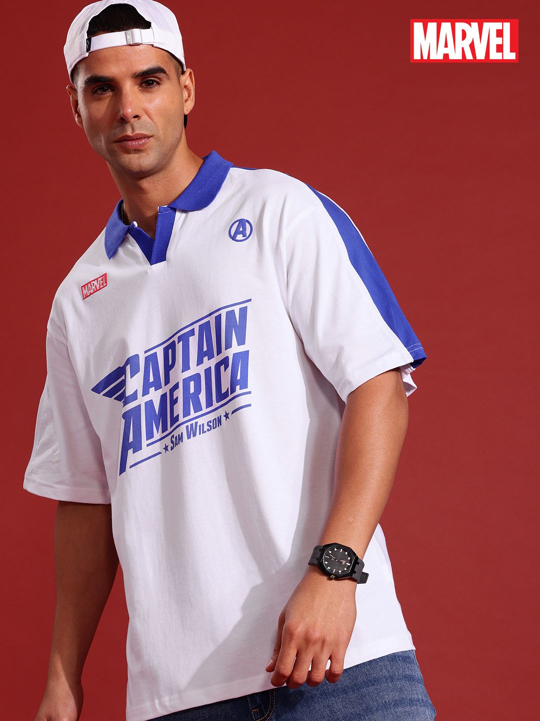 MARVEL STREET Printed Polo Collar Drop-Shoulder Sleeves Pure Cotton Relaxed T-shirt