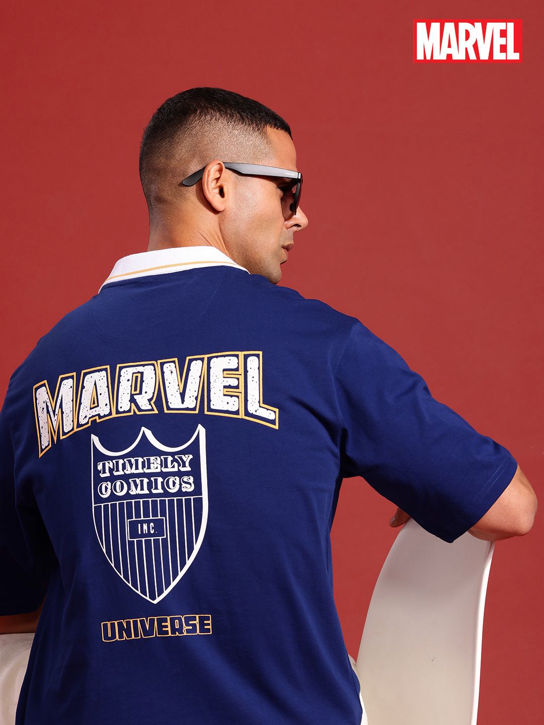 MARVEL STREET Typography Printed Polo Collar Drop-Shoulder Pure Cotton Relaxed T-shirt