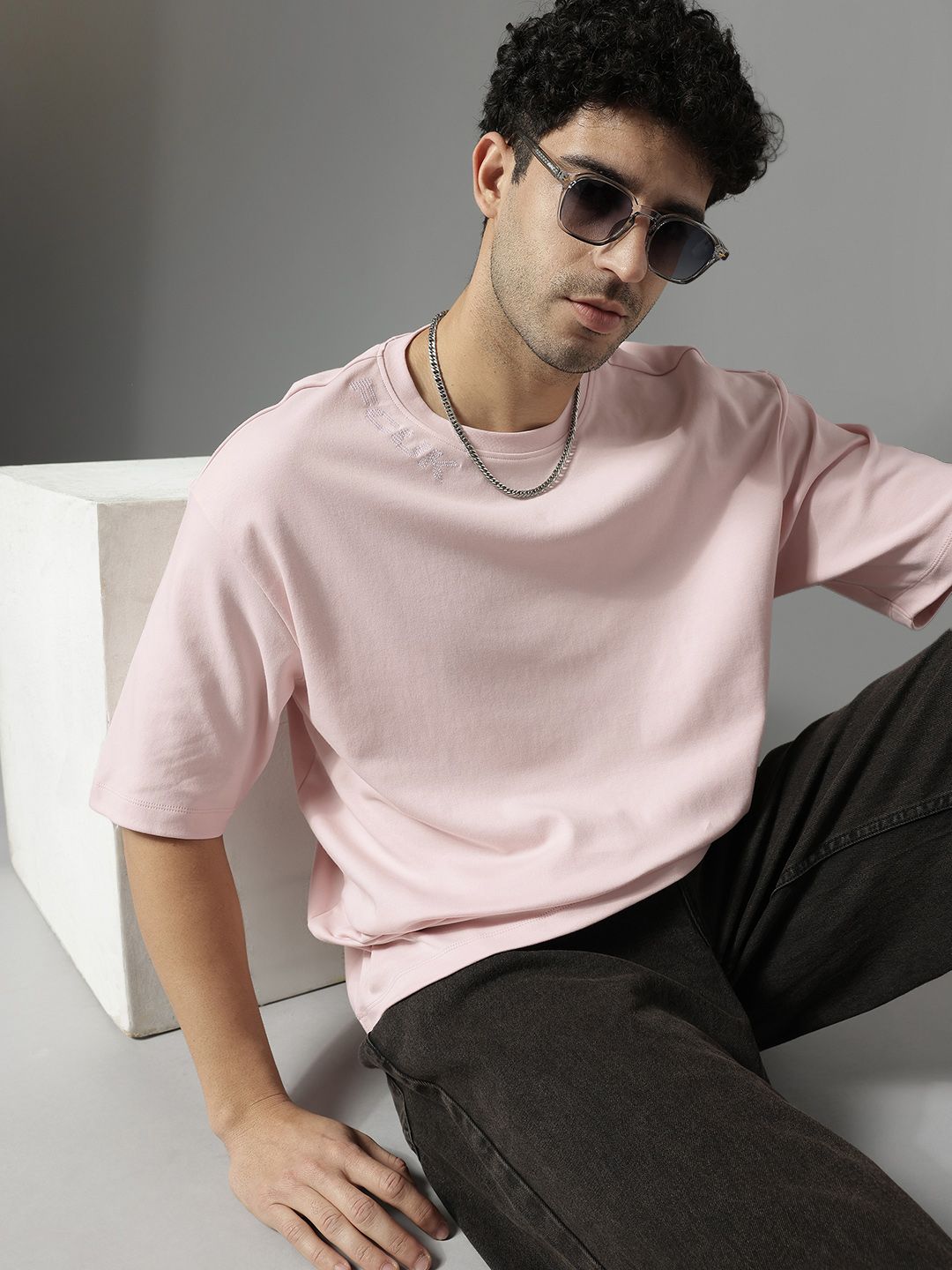 FCUK Brand Logo Embroidered Drop-Shoulder Sleeves Pure Cotton Relaxed Fit T-shirt