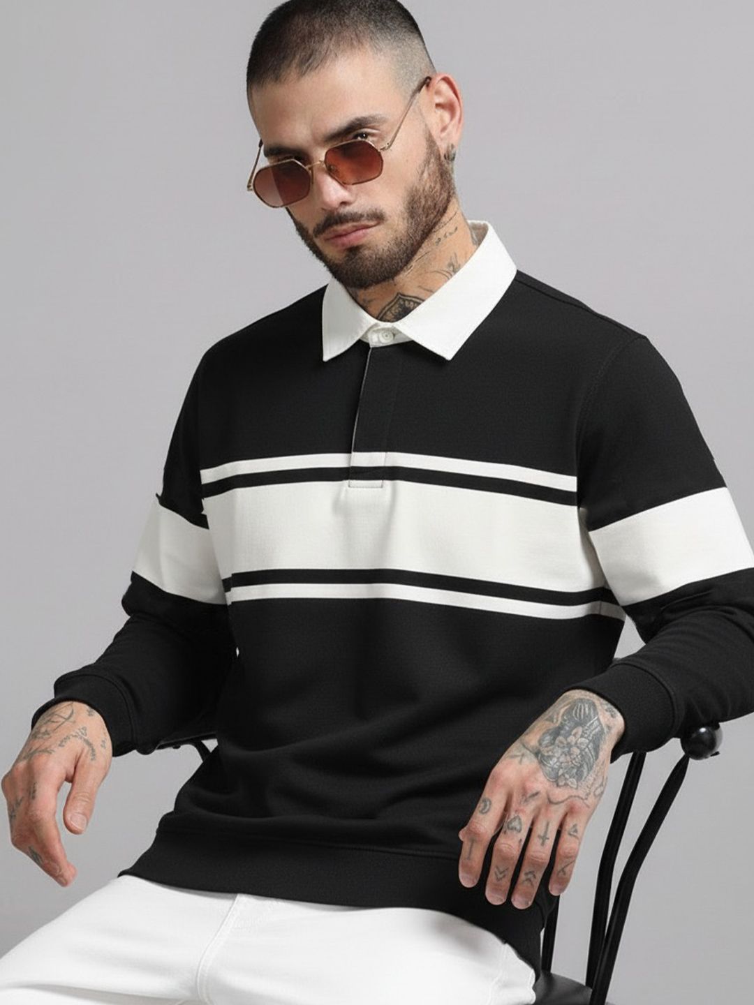 R.Code by The Roadster Life Co. Men Striped Polo Collar T-shirt